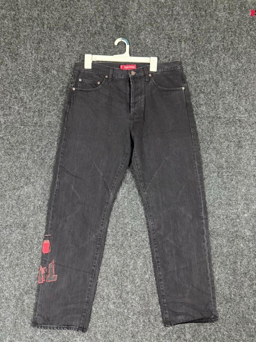 Supreme x Thrasher Regular Jeans Men's 30 Washed Black Red Graphic FW21
